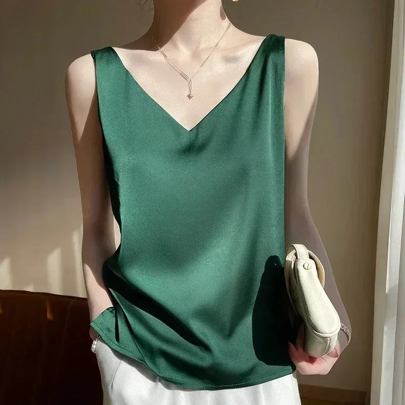 Sexy Strap Crop Top Women Halter V Neck Basic Cami Sleeveless Satin Silk Tube Tank Tops Women'S Summer Y2K Camisole White Black