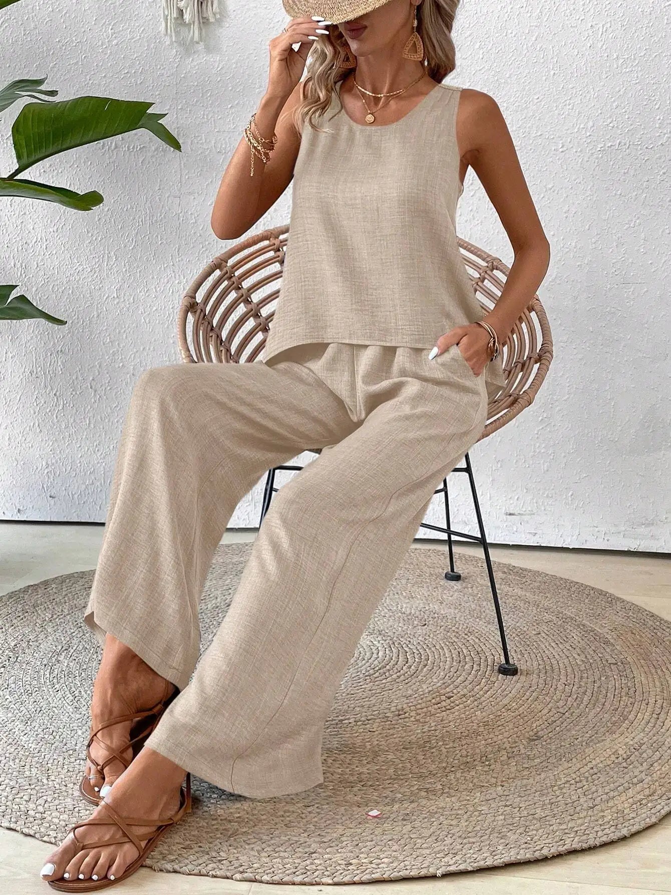 Sleeveless Top With Crochet Back And Wide Leg Pants Set Beige For Spring Summer