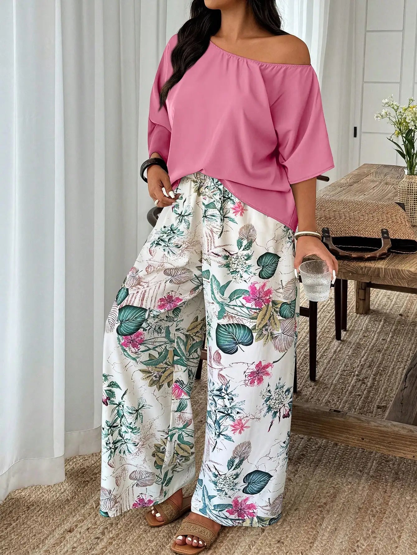 Plus Size Women 2-Piece Linen-Like Crinkle Top And Floral Print Wide Leg Pants Casual Spring Summer Outfit
