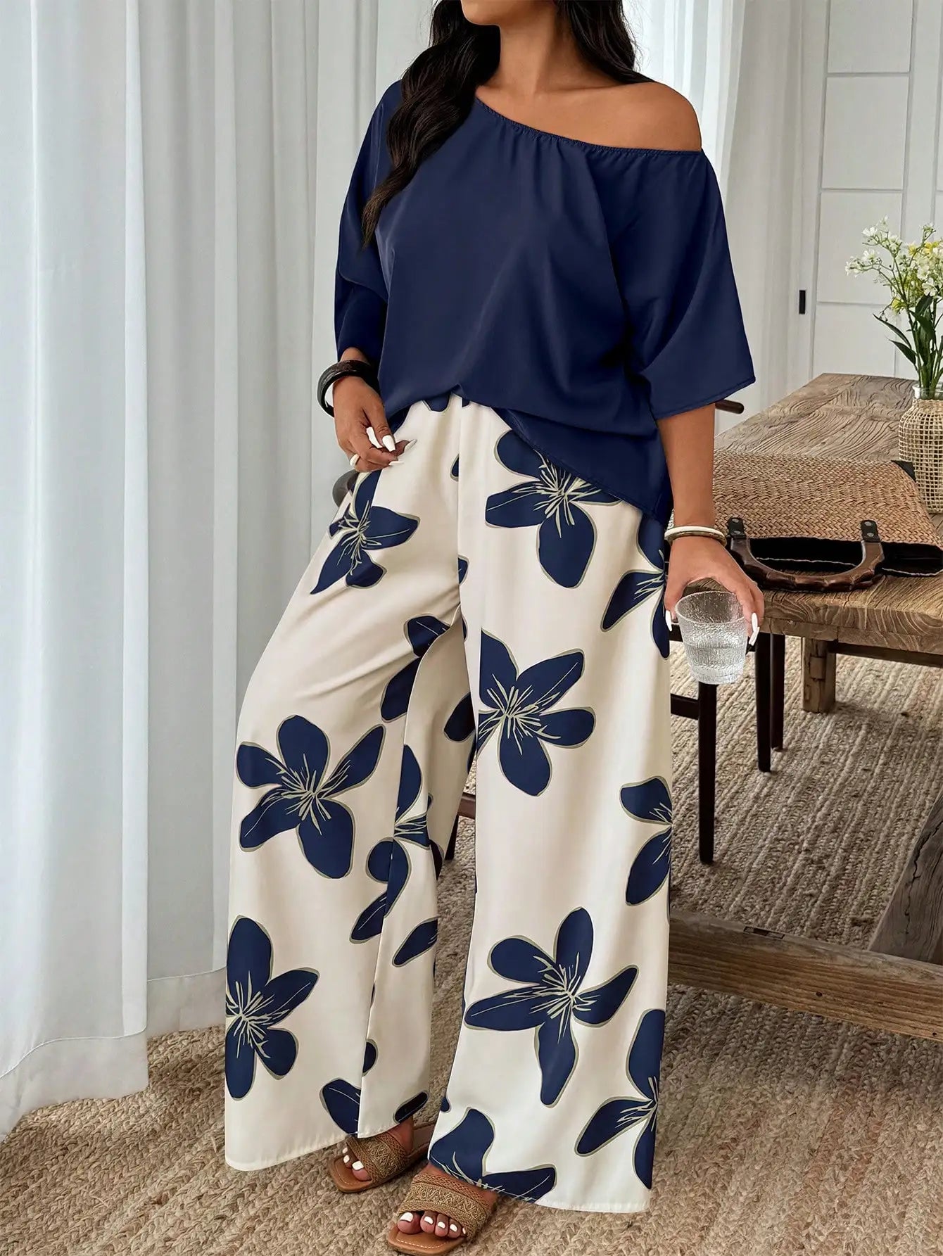 Plus Size Women 2-Piece Linen-Like Crinkle Top And Floral Print Wide Leg Pants Casual Spring Summer Outfit