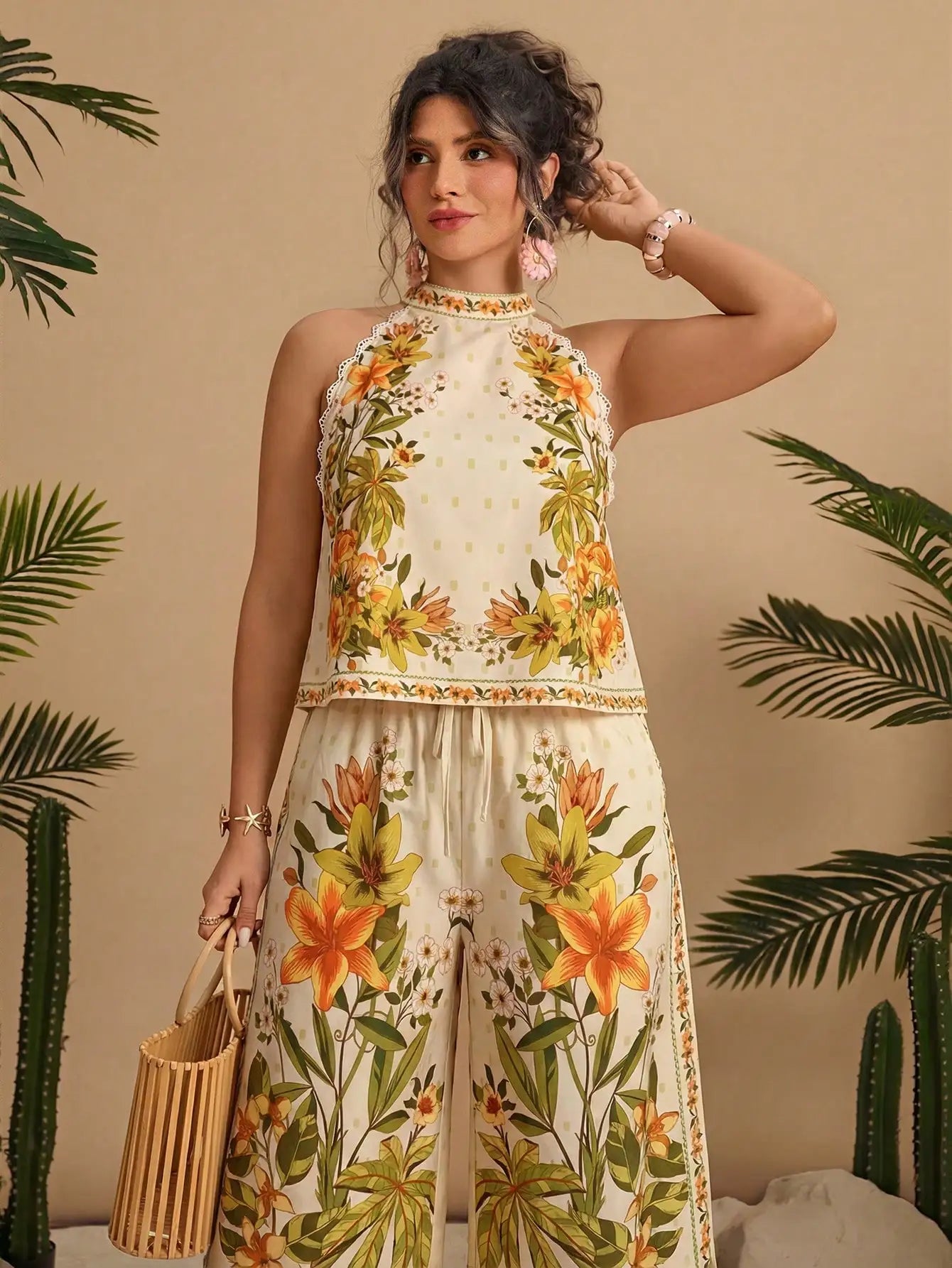 Floral Print Halter Neck Sleeveless Lace Trim 2 Piece Set Women Summer Boho Wide Leg Pants Outfit
