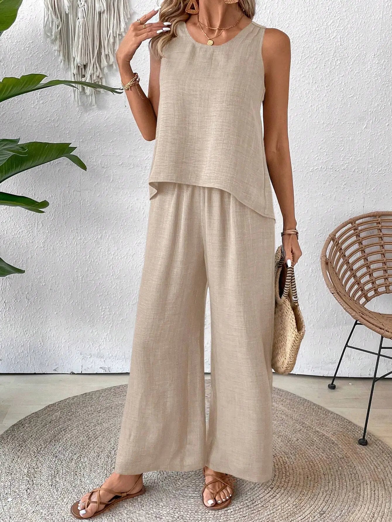 Sleeveless Top With Crochet Back And Wide Leg Pants Set Beige For Spring Summer