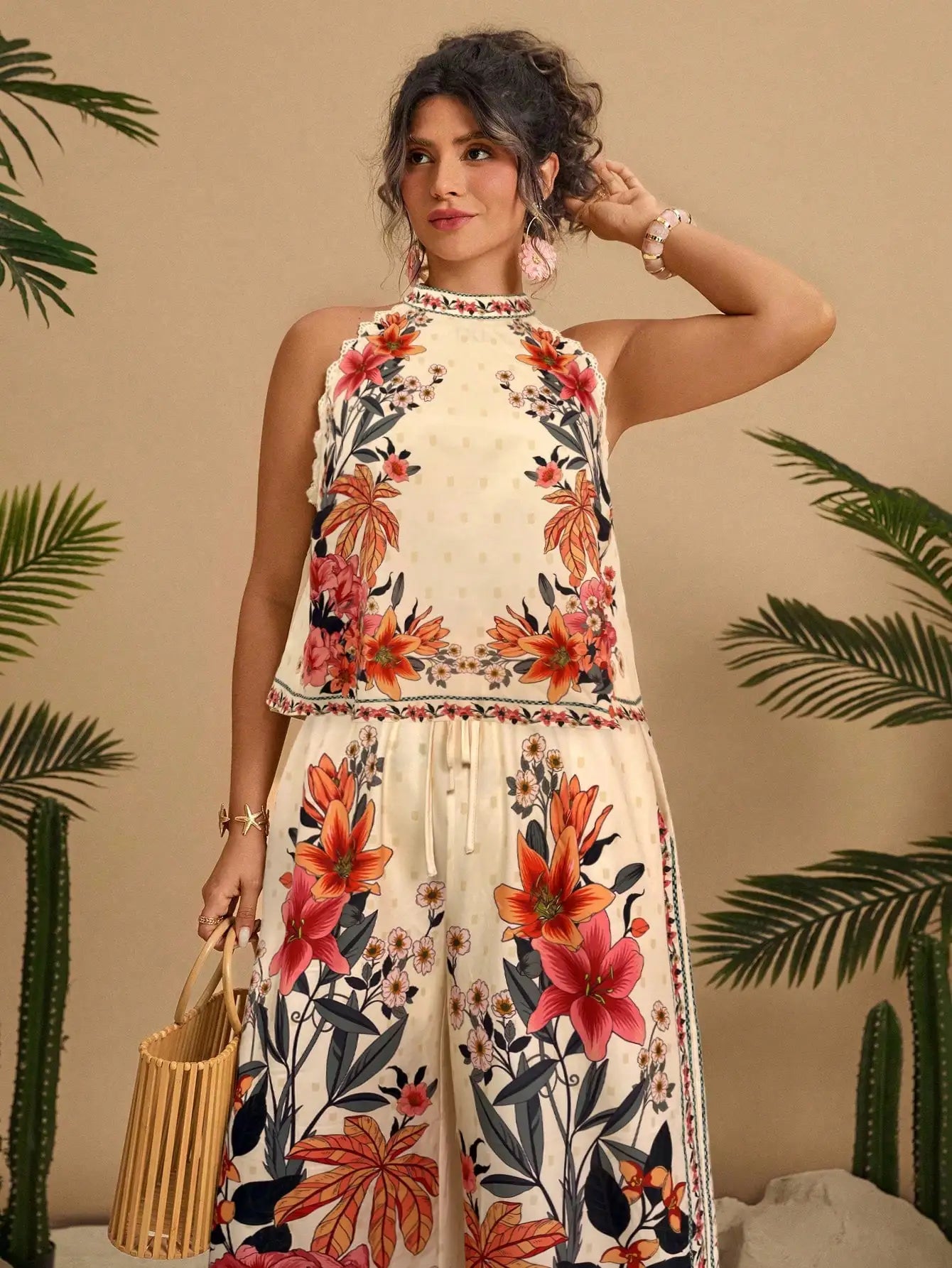 Floral Print Halter Neck Sleeveless Lace Trim 2 Piece Set Women Summer Boho Wide Leg Pants Outfit
