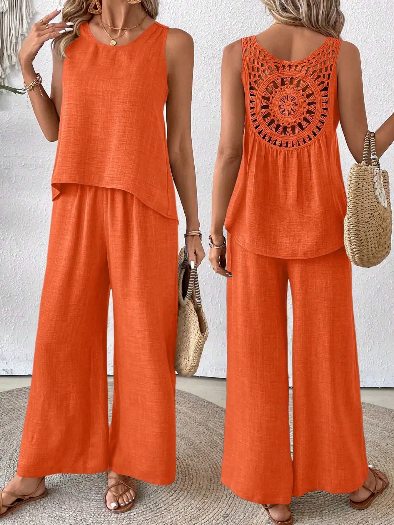 Sleeveless Top With Crochet Back And Wide Leg Pants Set Beige For Spring Summer