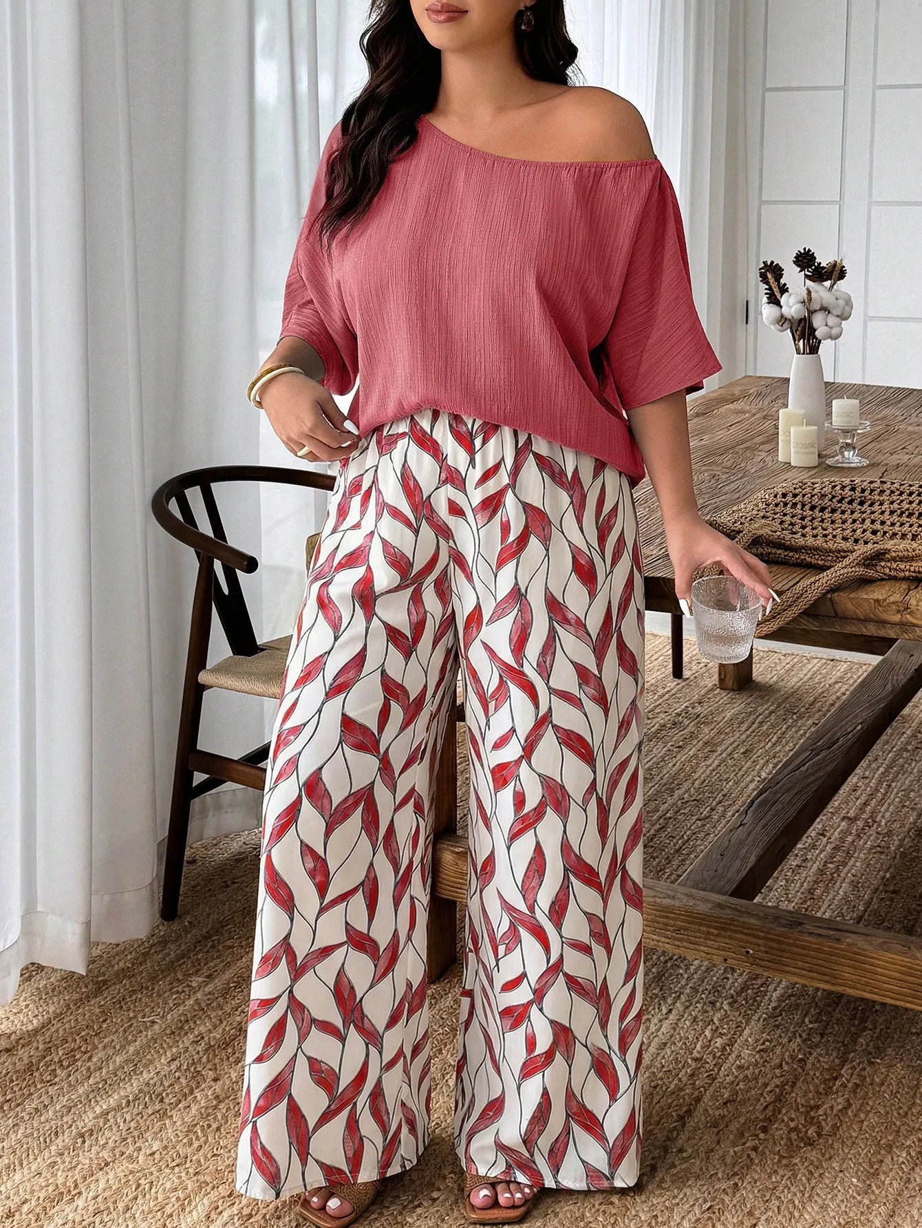 Plus Size Women 2-Piece Linen-Like Crinkle Top And Floral Print Wide Leg Pants Casual Spring Summer Outfit