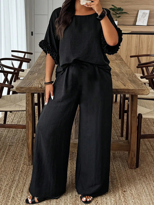 Plus Size Women Solid Color Round Neck Batwing Sleeve Top And Wide Leg Pants Casual 2 Piece Set