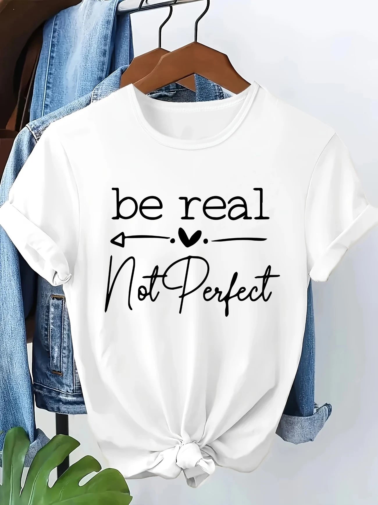 Be Real Not Perfect Love Heart Letter Printed 90s Casual T-shirt Print Short Sleeve T Shirt Top Tee Summer Ladies Girls Shirt