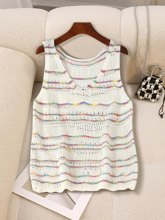2026 New Style Women's Top Summer Knitted Sweater Elegant Colorful Hollow Stripes Sleeveless V-Neck Casual Pullover