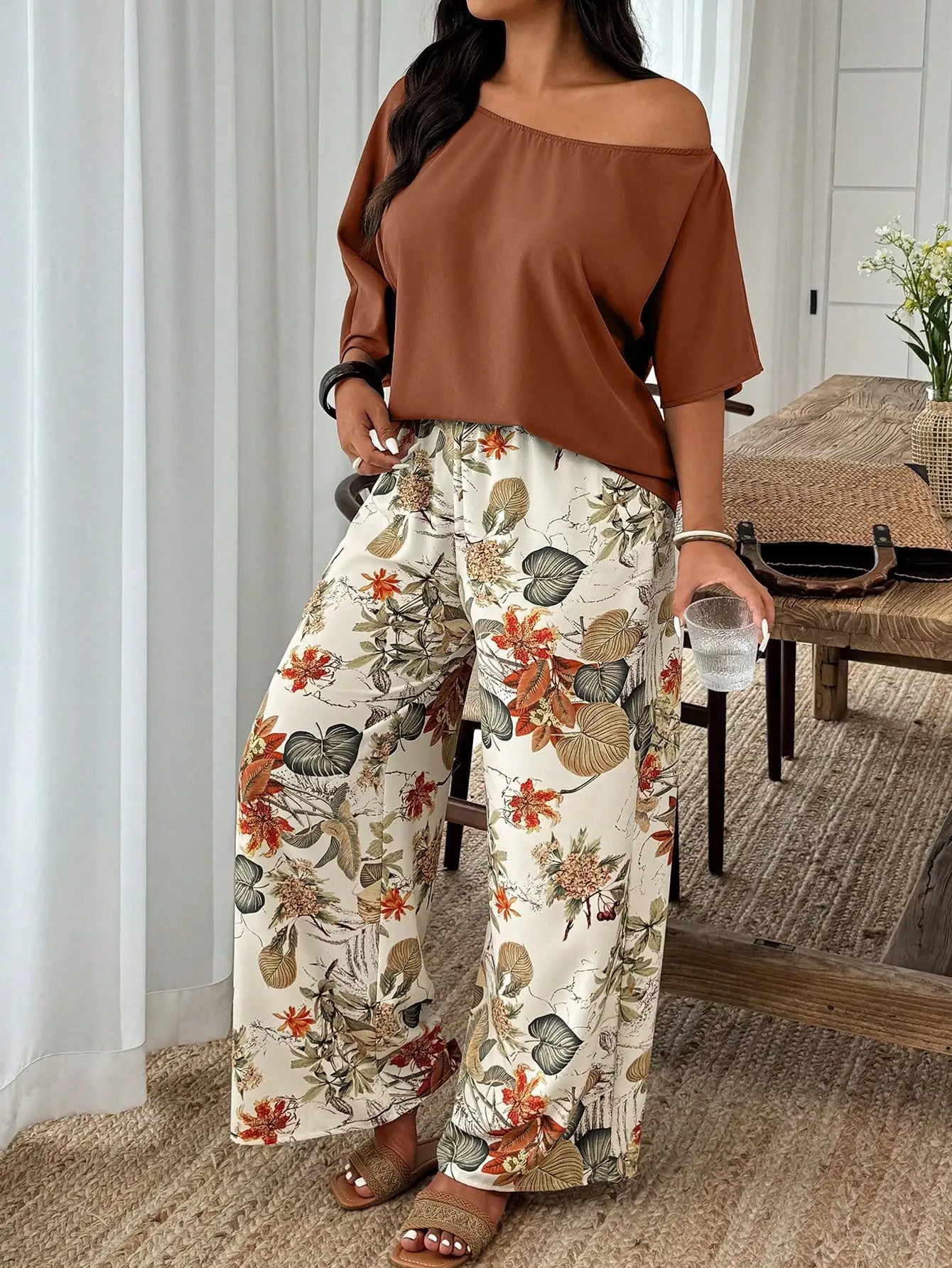 Plus Size Women 2-Piece Linen-Like Crinkle Top And Floral Print Wide Leg Pants Casual Spring Summer Outfit