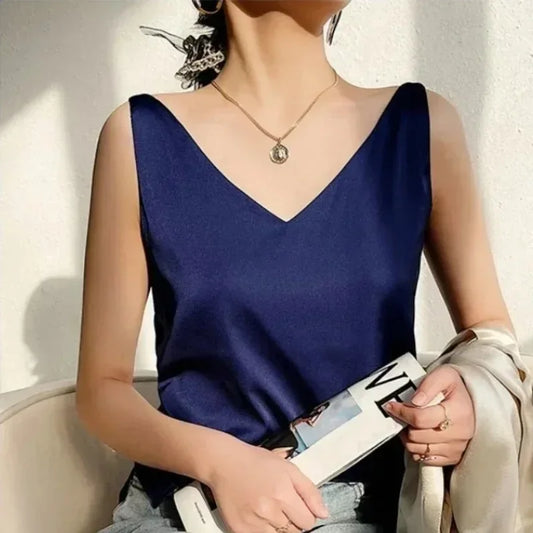 Sexy Strap Crop Top Women Halter V Neck Basic Cami Sleeveless Satin Silk Tube Tank Tops Women'S Summer Y2K Camisole White Black