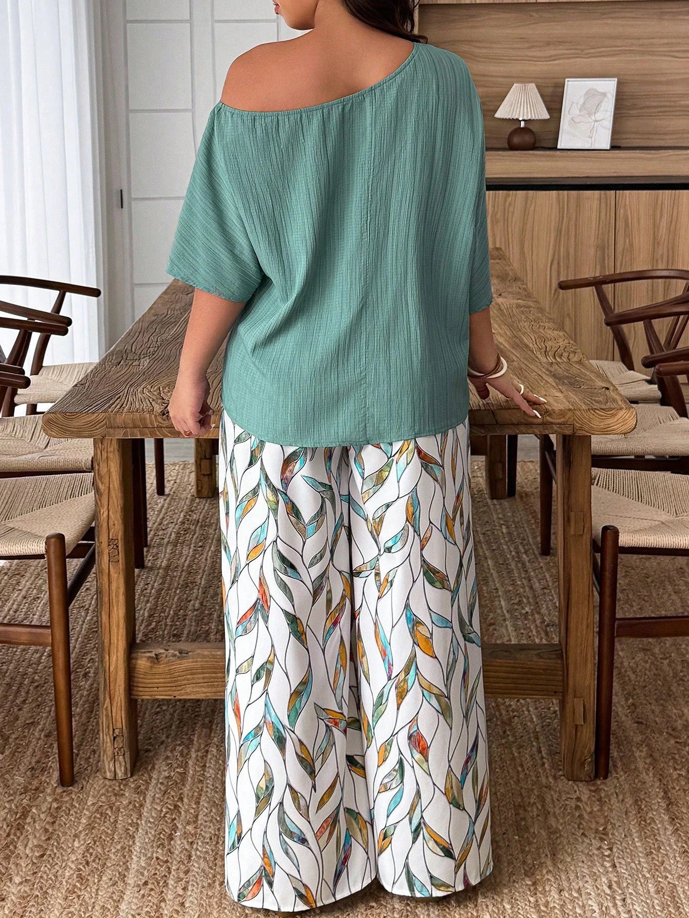 Plus Size Women 2-Piece Linen-Like Crinkle Top And Floral Print Wide Leg Pants Casual Spring Summer Outfit