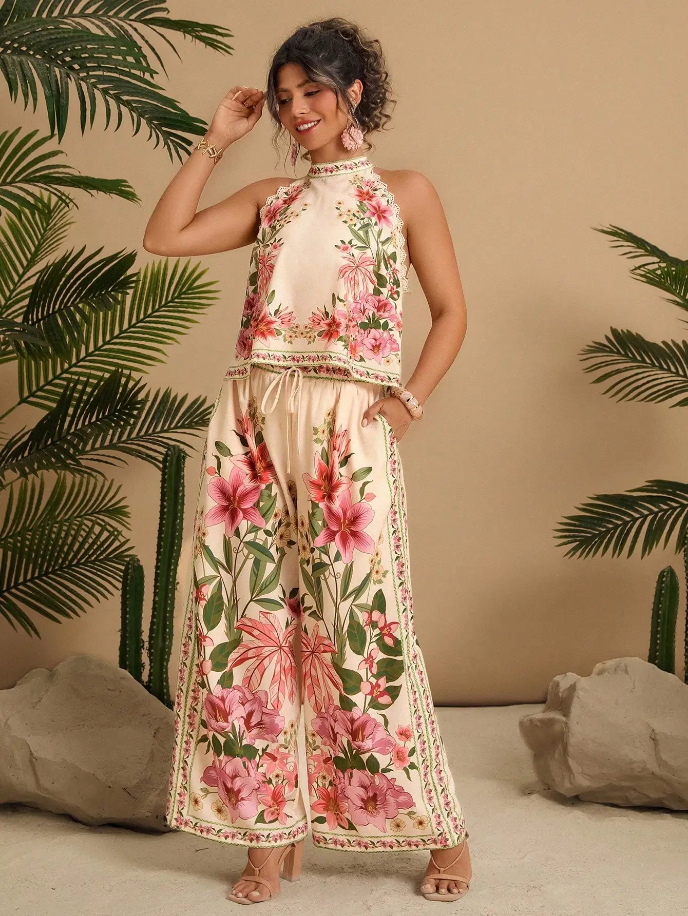 Floral Print Halter Neck Sleeveless Lace Trim 2 Piece Set Women Summer Boho Wide Leg Pants Outfit