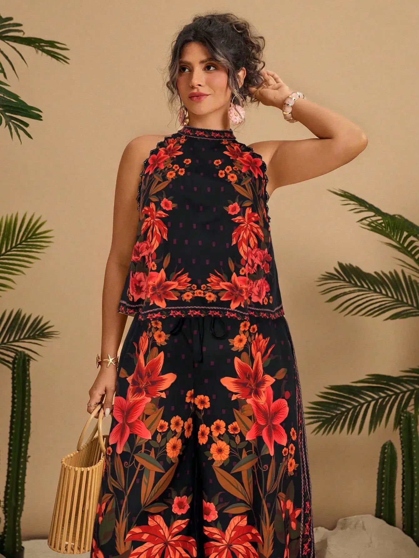 Floral Print Halter Neck Sleeveless Lace Trim 2 Piece Set Women Summer Boho Wide Leg Pants Outfit