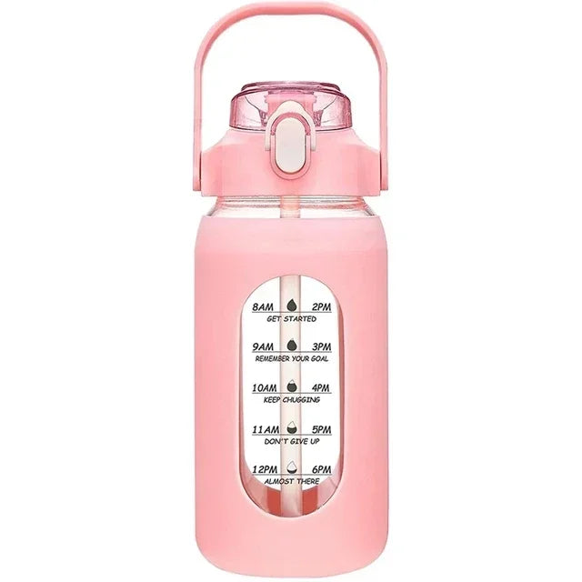 1000ML Glass Water Bottles With Straw, Glass Bottle With Silicone Sleeve And Time Marker, For Gym Camping Home Office