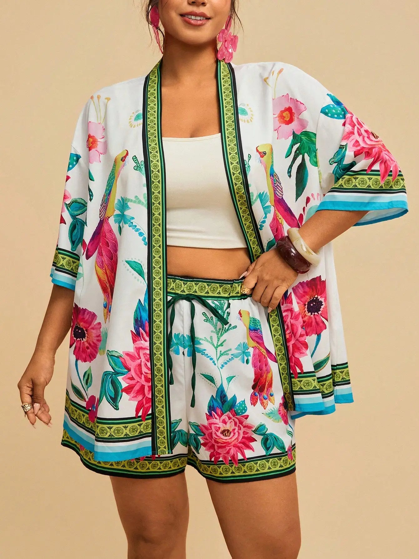 Women Blue White Striped Knit 2 Piece Set Summer Boho Chic Shorts And Kimono Cardigan Outfit