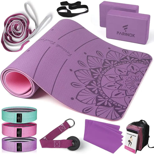 Thick Yoga Mat Set for Beginners with Blocks, Resistance Band, Door Anchor & Bag