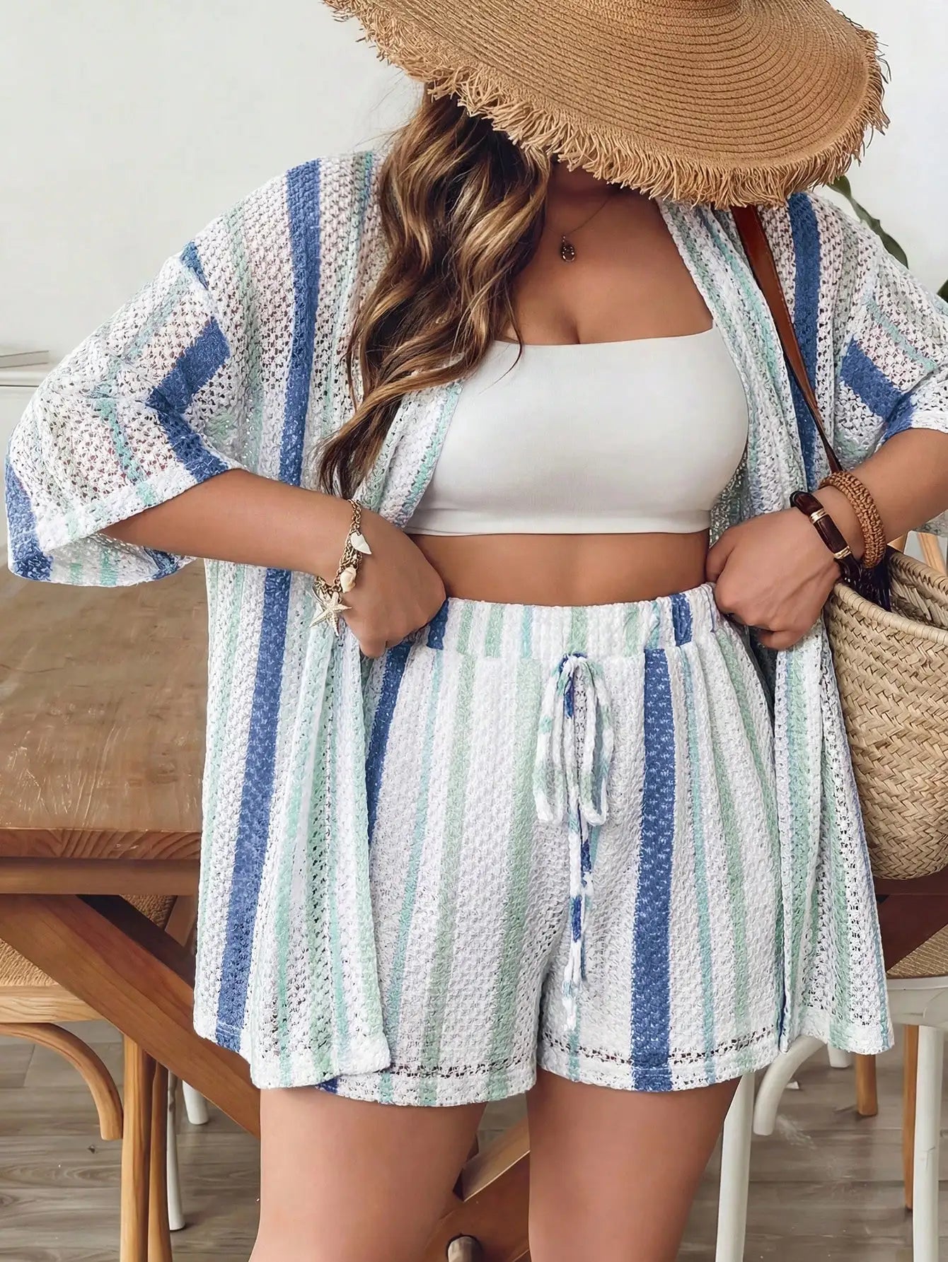 Women Blue White Striped Knit 2 Piece Set Summer Boho Chic Shorts And Kimono Cardigan Outfit