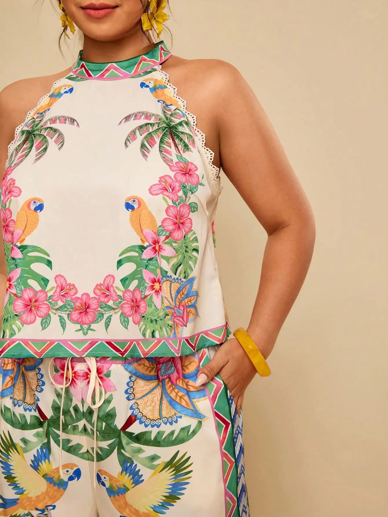 Floral Print Halter Neck Sleeveless Lace Trim 2 Piece Set Women Summer Boho Wide Leg Pants Outfit