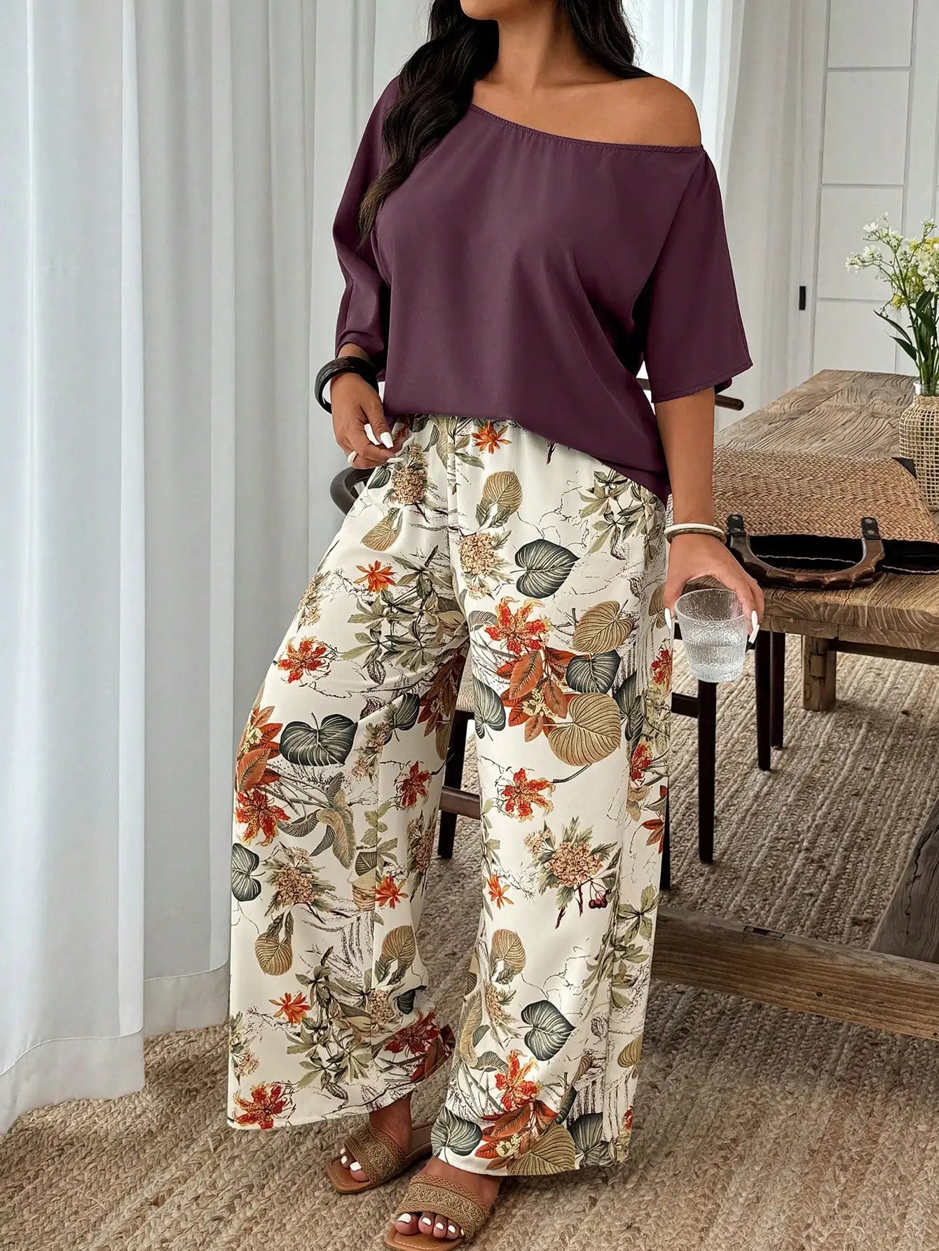 Plus Size Women 2-Piece Linen-Like Crinkle Top And Floral Print Wide Leg Pants Casual Spring Summer Outfit