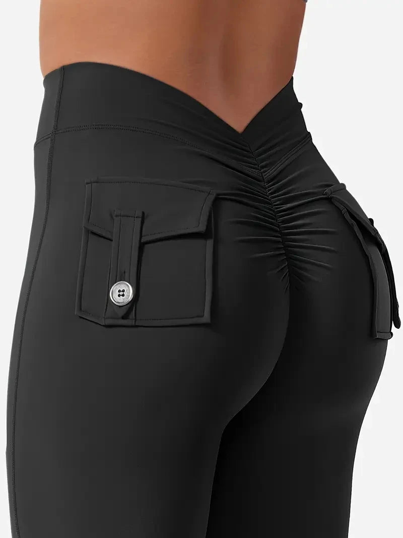 Women's High-Waisted Butt-Lifting V-Back Seamless Gym Yoga Leggings with Pockets