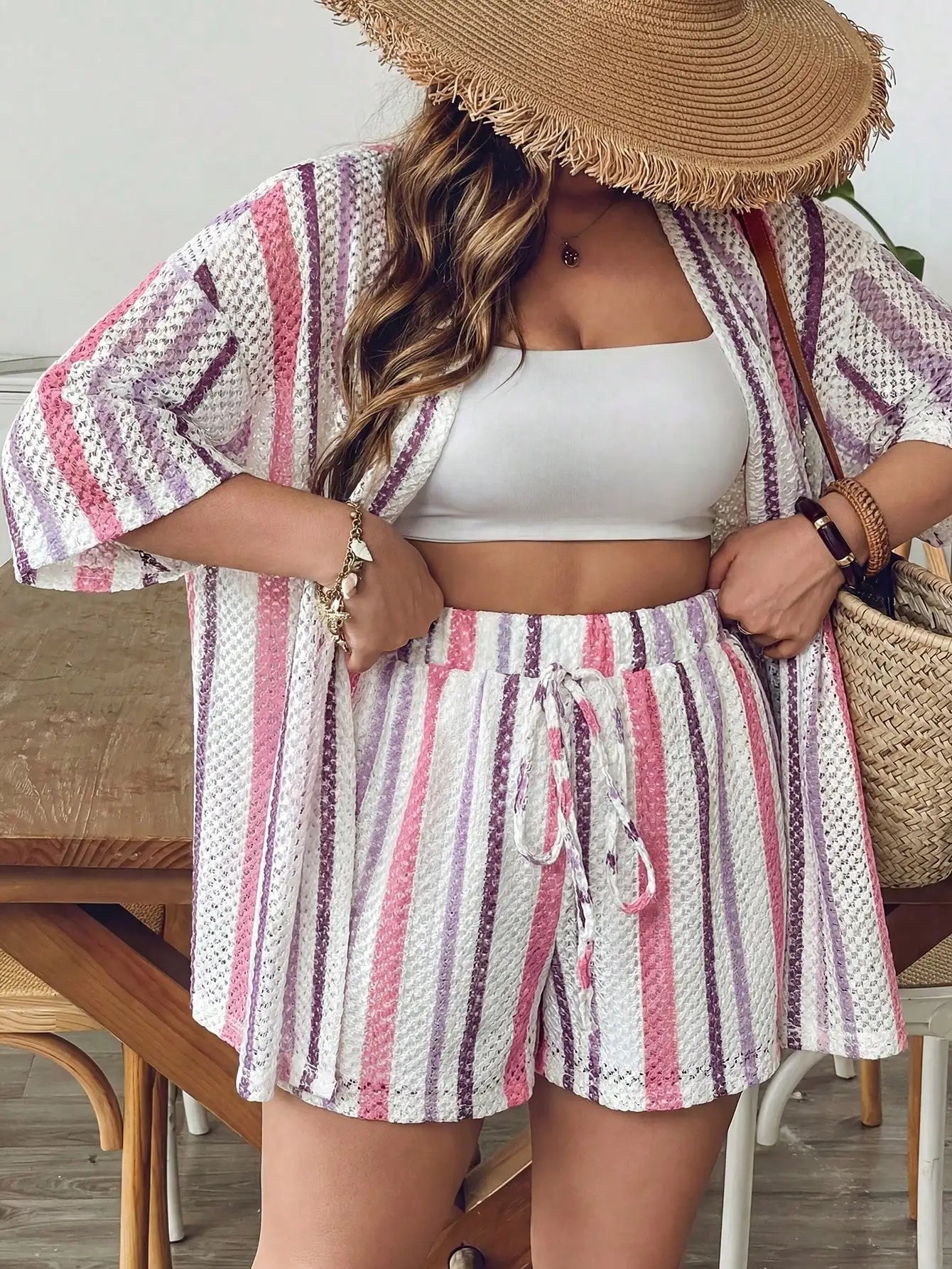 Women Blue White Striped Knit 2 Piece Set Summer Boho Chic Shorts And Kimono Cardigan Outfit