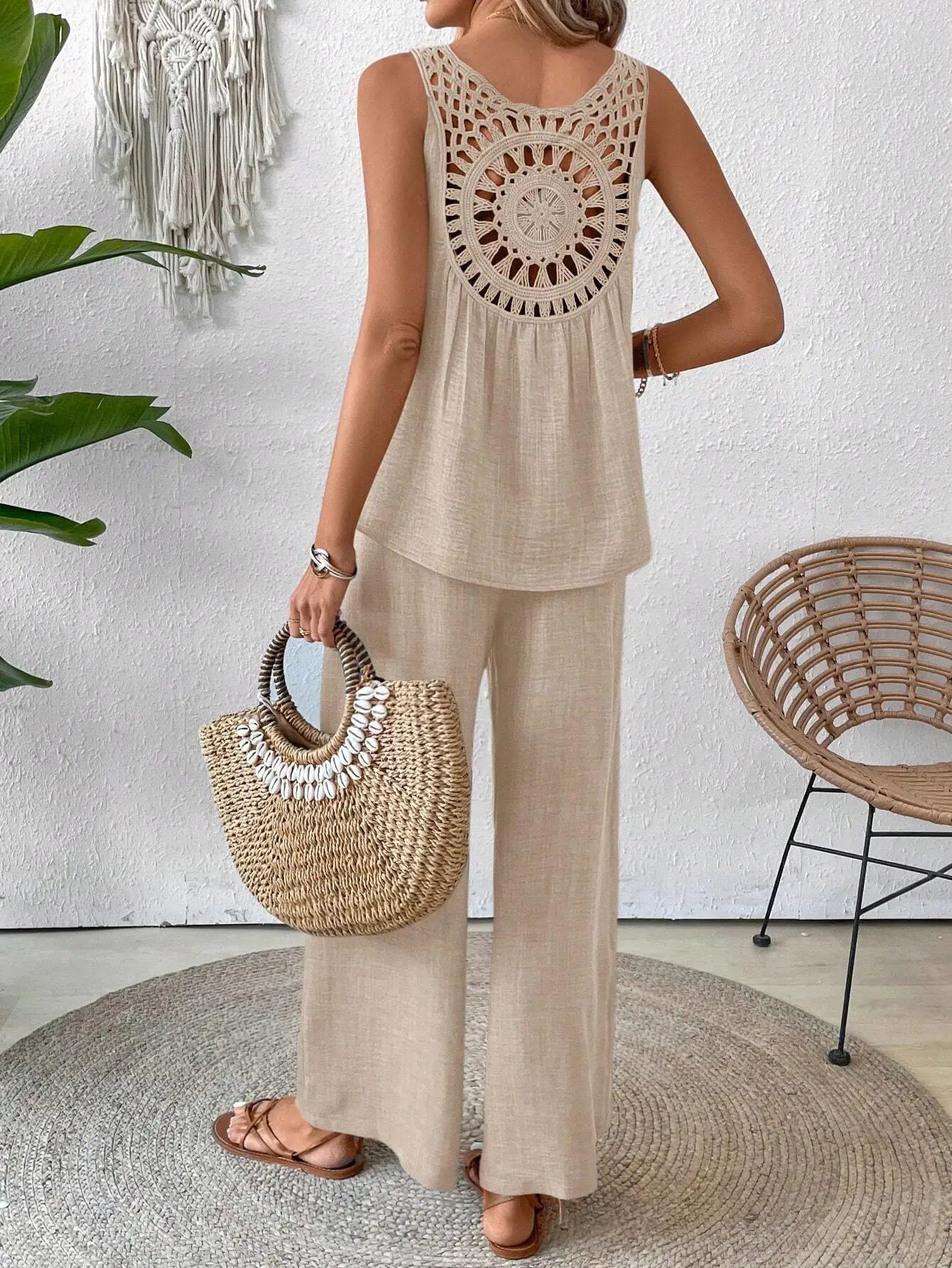Sleeveless Top With Crochet Back And Wide Leg Pants Set Beige For Spring Summer