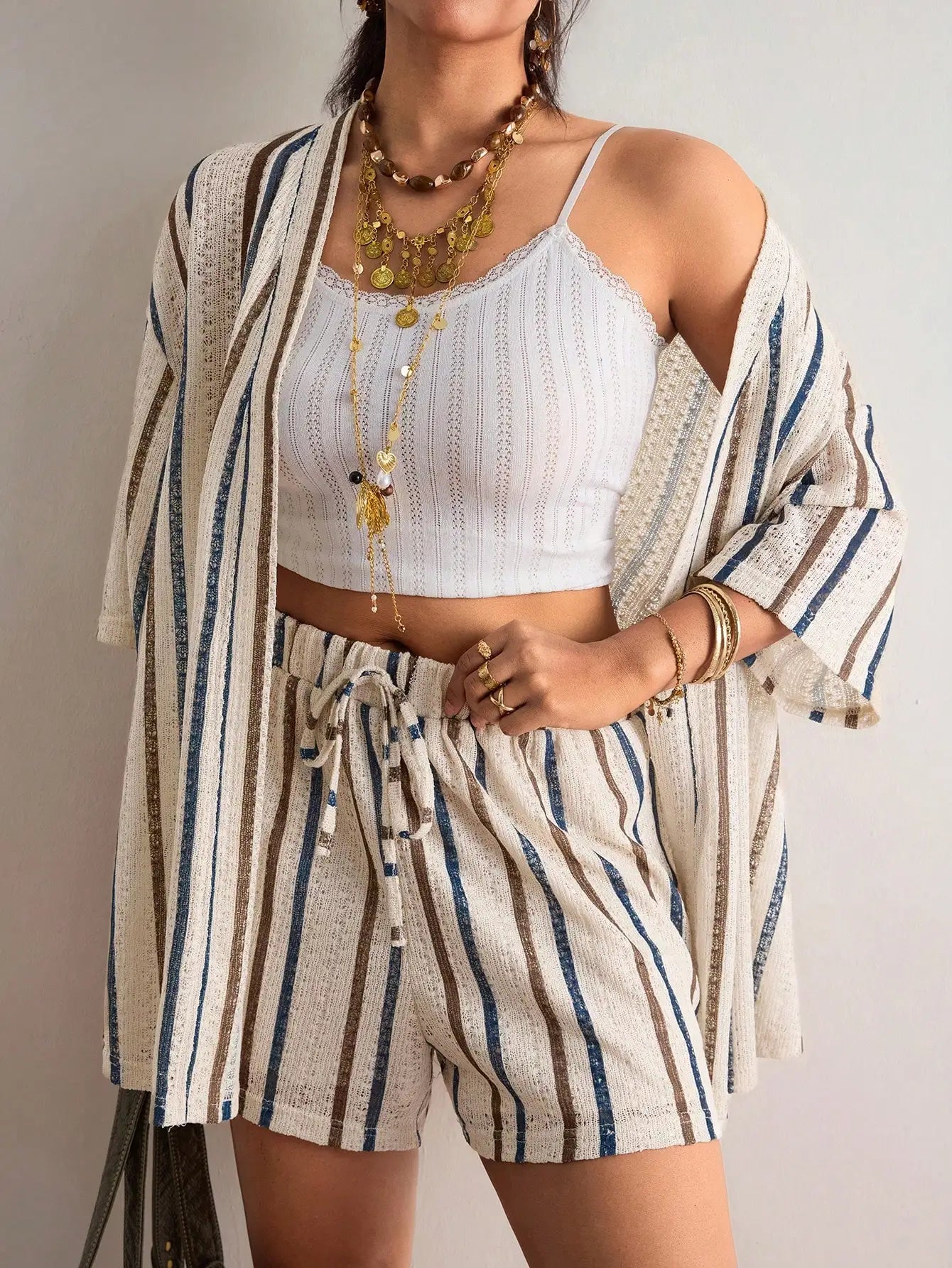 Women Blue White Striped Knit 2 Piece Set Summer Boho Chic Shorts And Kimono Cardigan Outfit