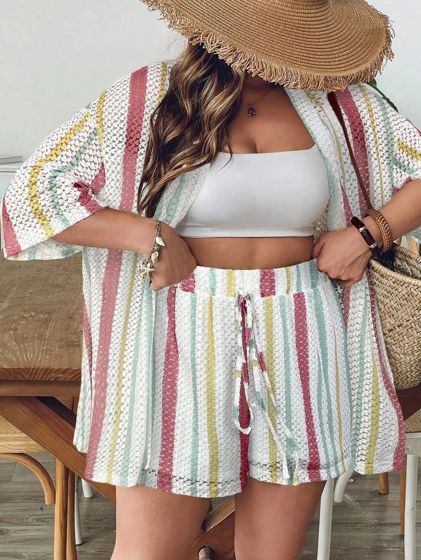 Women Blue White Striped Knit 2 Piece Set Summer Boho Chic Shorts And Kimono Cardigan Outfit
