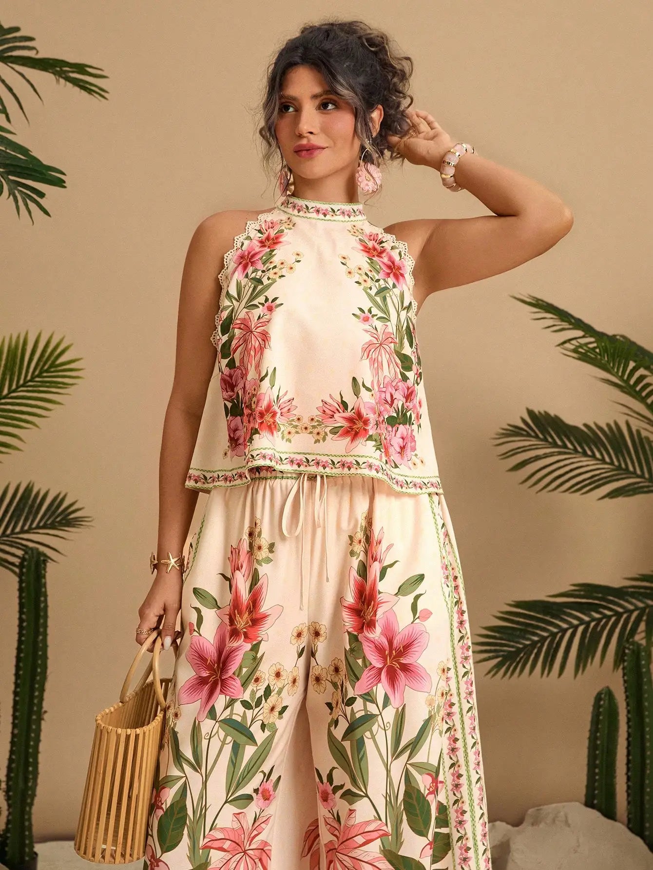 Floral Print Halter Neck Sleeveless Lace Trim 2 Piece Set Women Summer Boho Wide Leg Pants Outfit