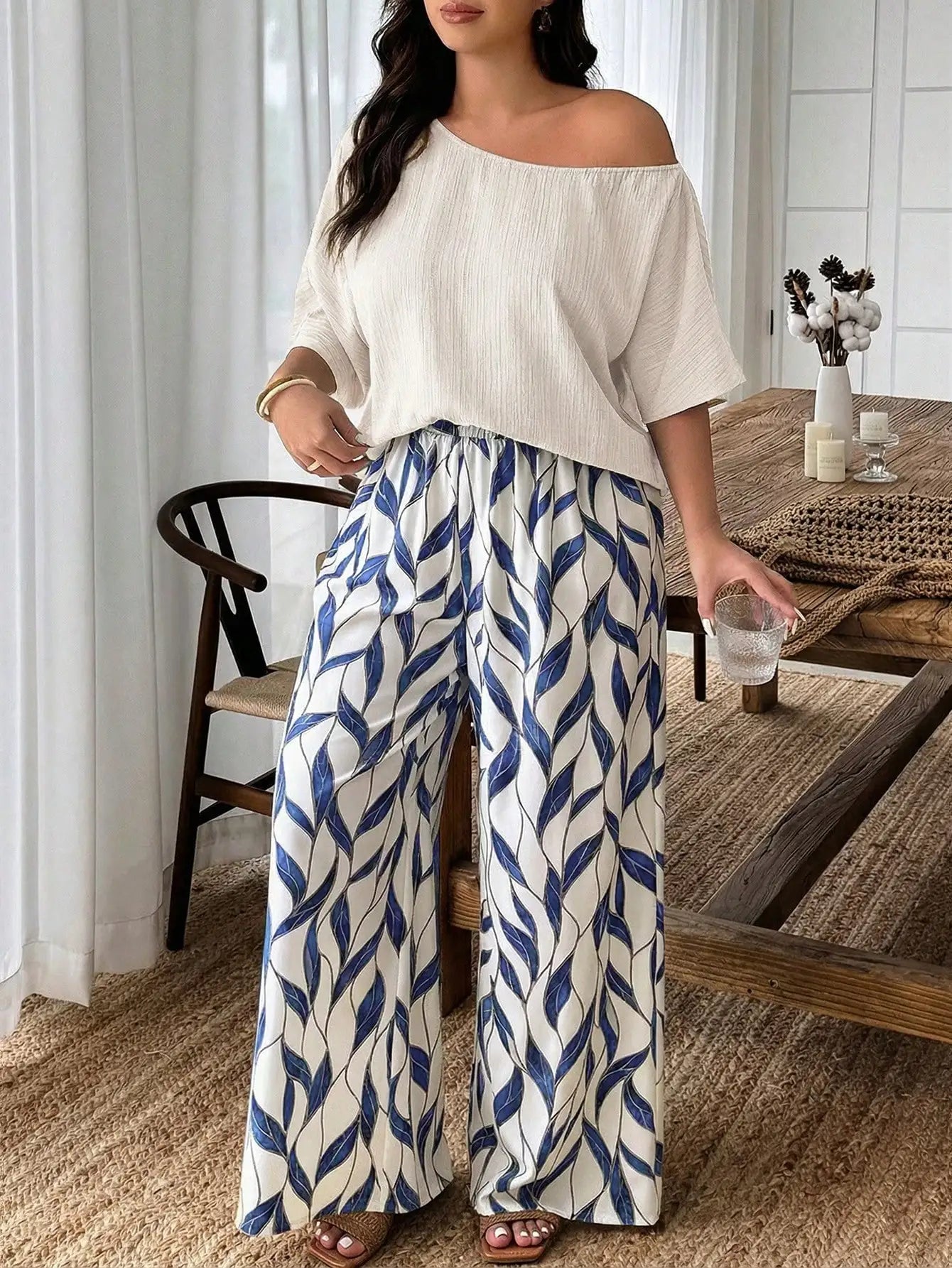 Plus Size Women 2-Piece Linen-Like Crinkle Top And Floral Print Wide Leg Pants Casual Spring Summer Outfit