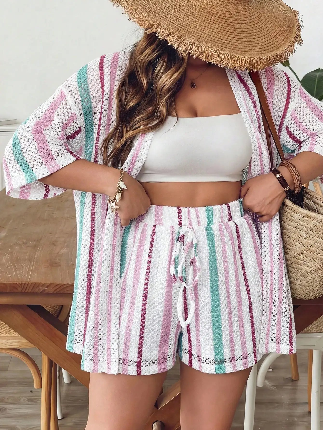 Women Blue White Striped Knit 2 Piece Set Summer Boho Chic Shorts And Kimono Cardigan Outfit