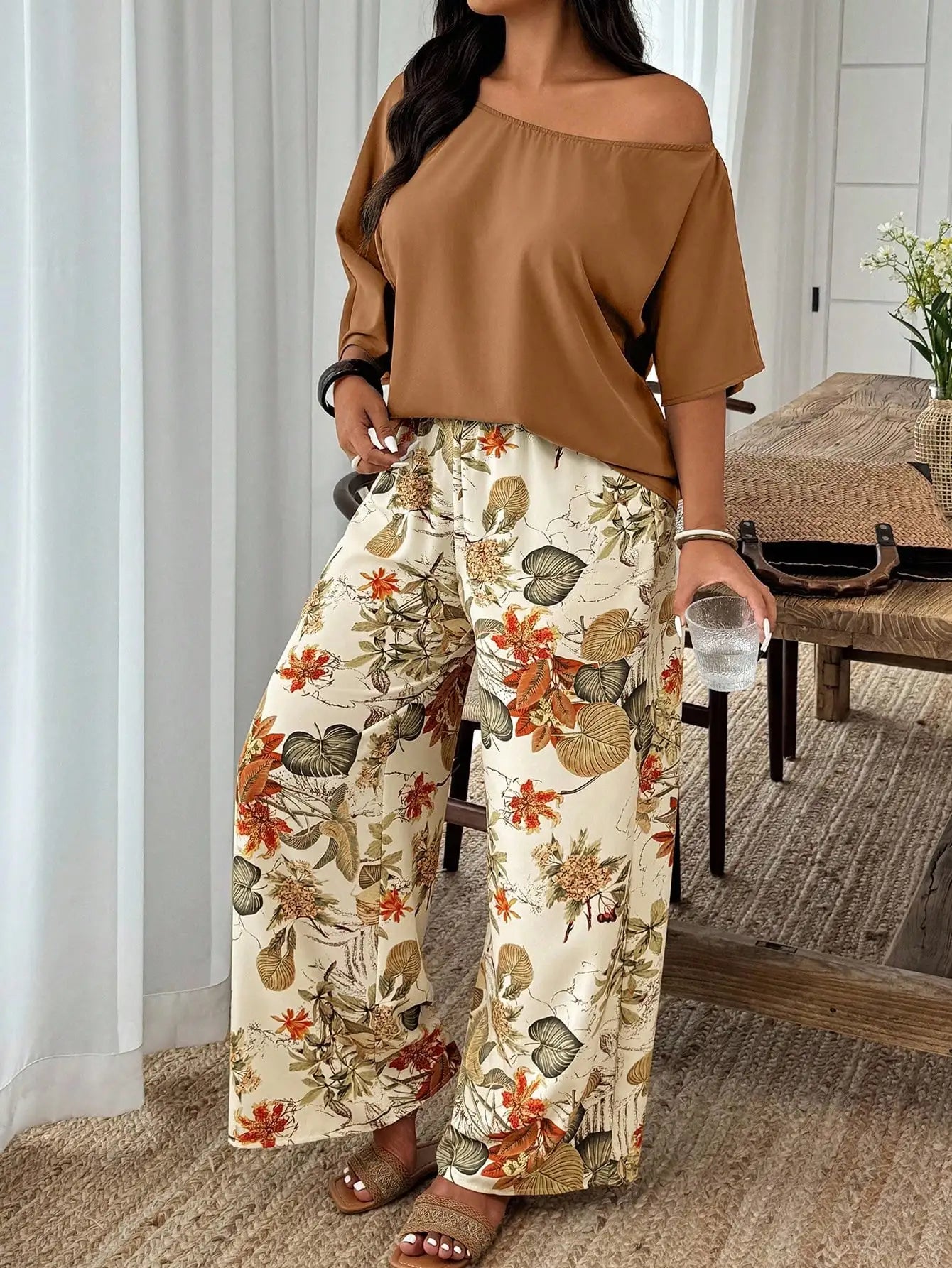 Plus Size Women 2-Piece Linen-Like Crinkle Top And Floral Print Wide Leg Pants Casual Spring Summer Outfit