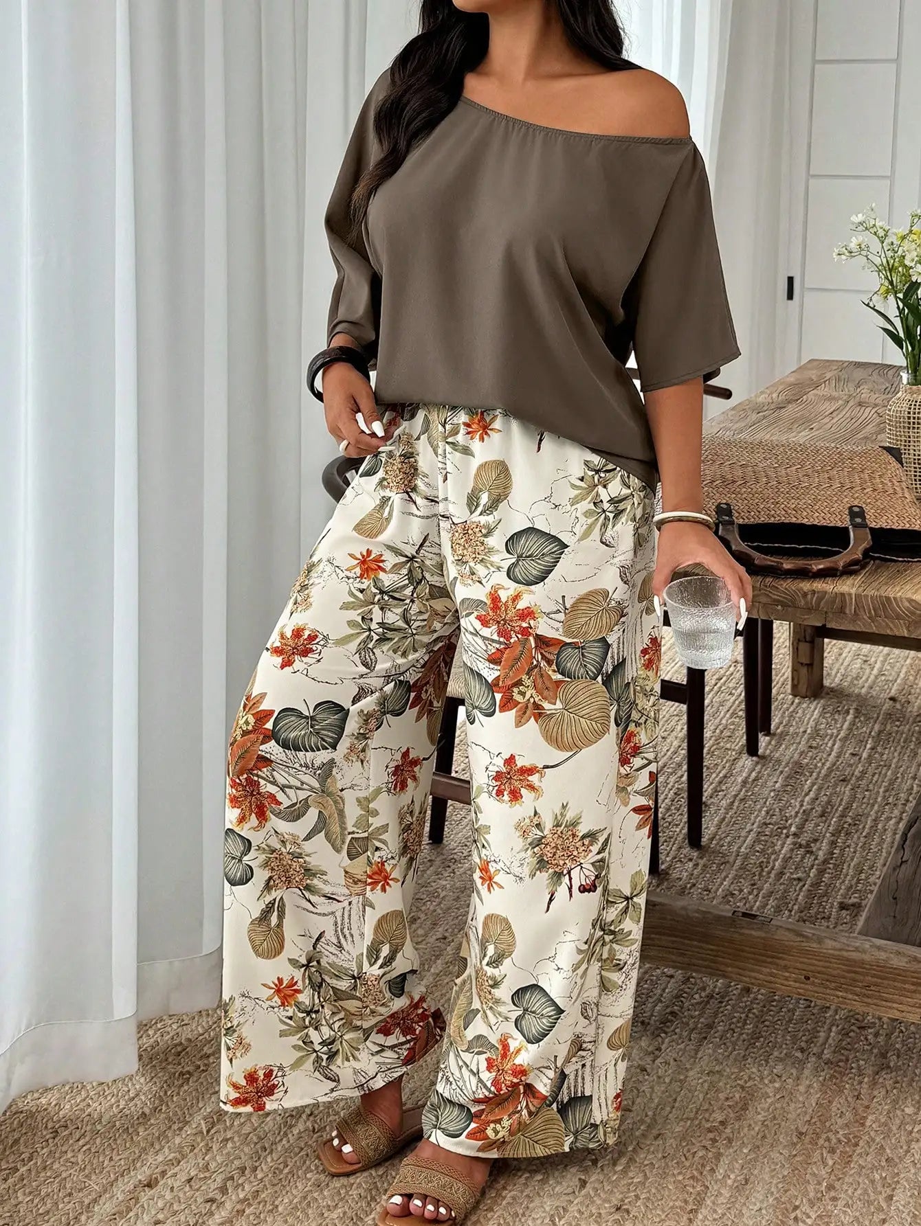 Plus Size Women 2-Piece Linen-Like Crinkle Top And Floral Print Wide Leg Pants Casual Spring Summer Outfit