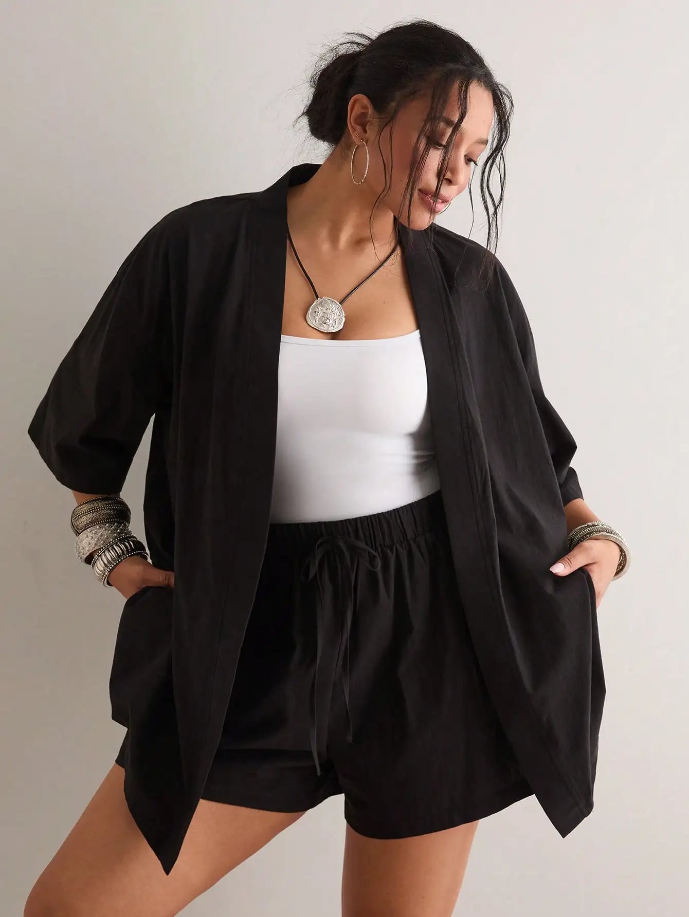 Women Blue White Striped Knit 2 Piece Set Summer Boho Chic Shorts And Kimono Cardigan Outfit