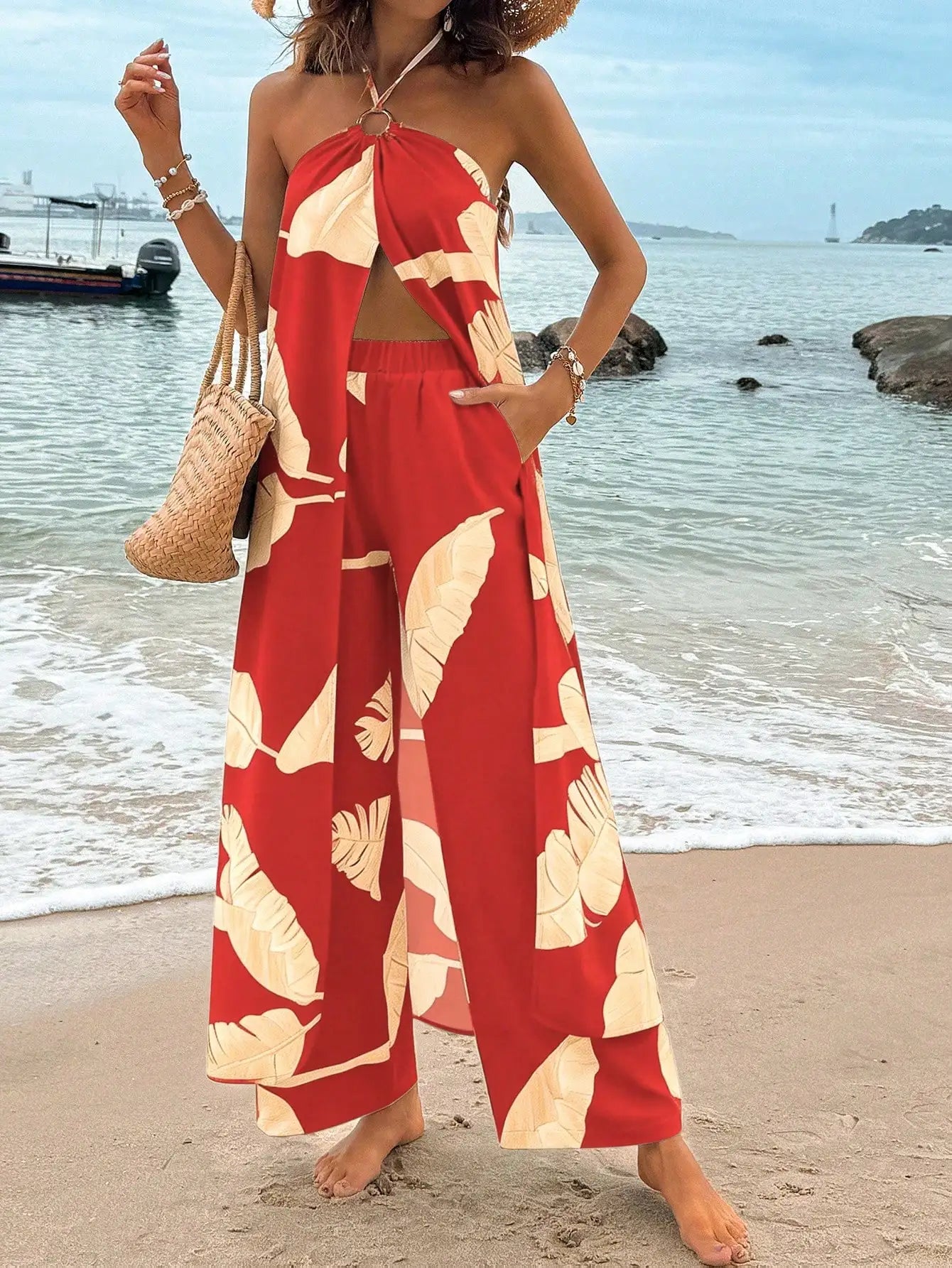 Women's Blue And White Striped Two Piece Set Halter Top Wide Leg Pants Vacation Casual Outfit