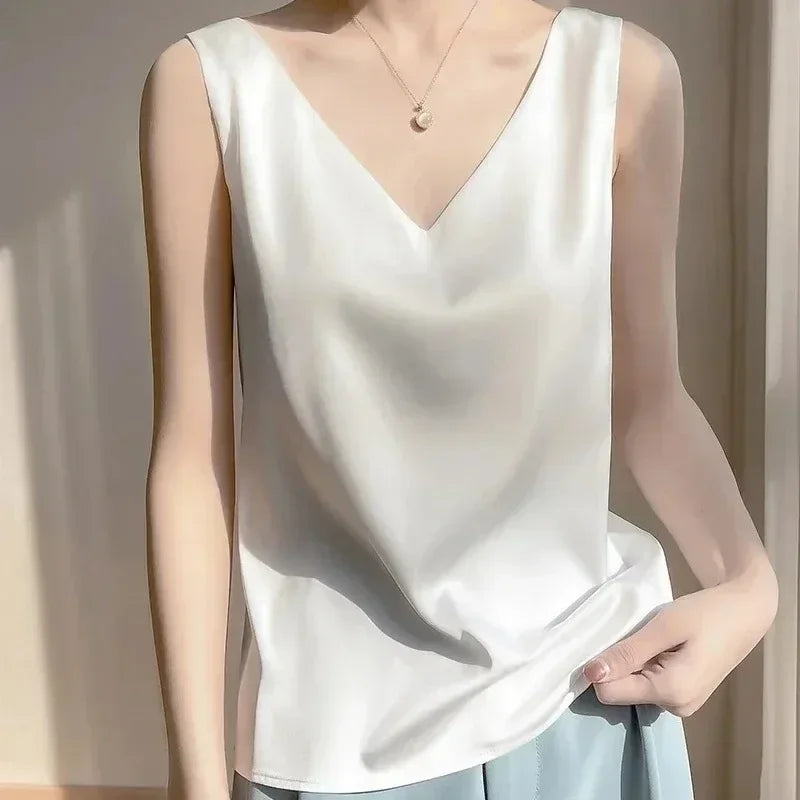 Sexy Strap Crop Top Women Halter V Neck Basic Cami Sleeveless Satin Silk Tube Tank Tops Women'S Summer Y2K Camisole White Black