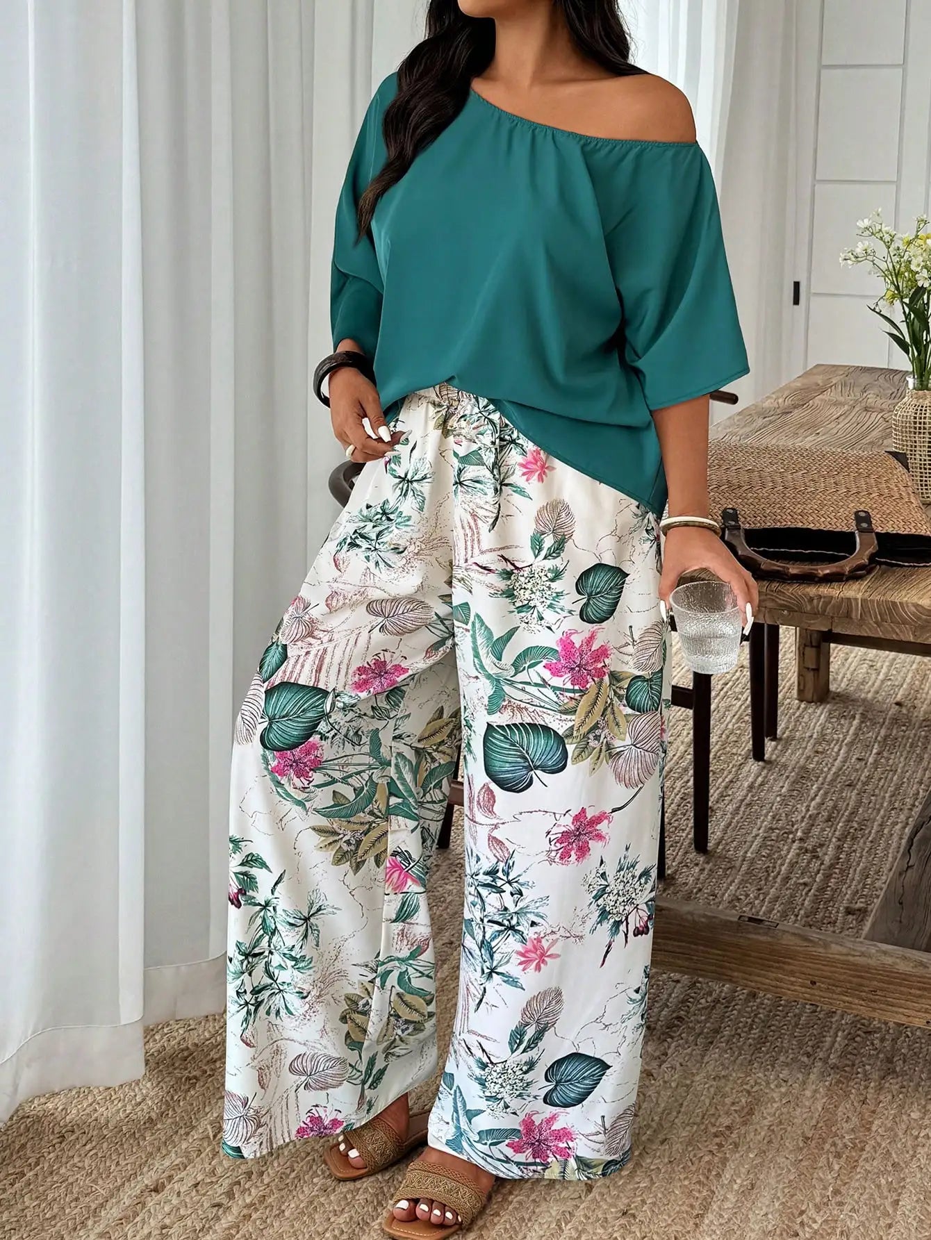 Plus Size Women 2-Piece Linen-Like Crinkle Top And Floral Print Wide Leg Pants Casual Spring Summer Outfit