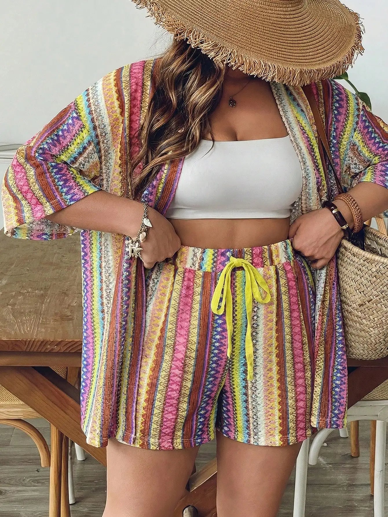 Women Blue White Striped Knit 2 Piece Set Summer Boho Chic Shorts And Kimono Cardigan Outfit