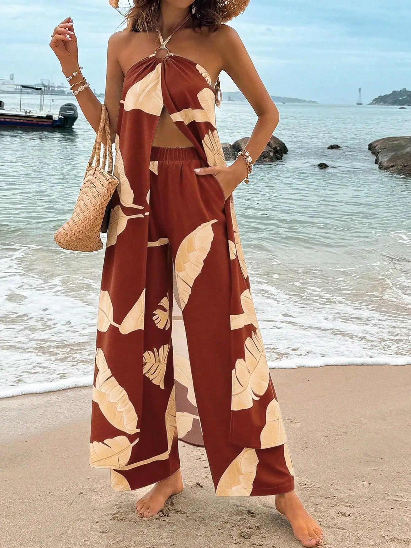 Women's Blue And White Striped Two Piece Set Halter Top Wide Leg Pants Vacation Casual Outfit