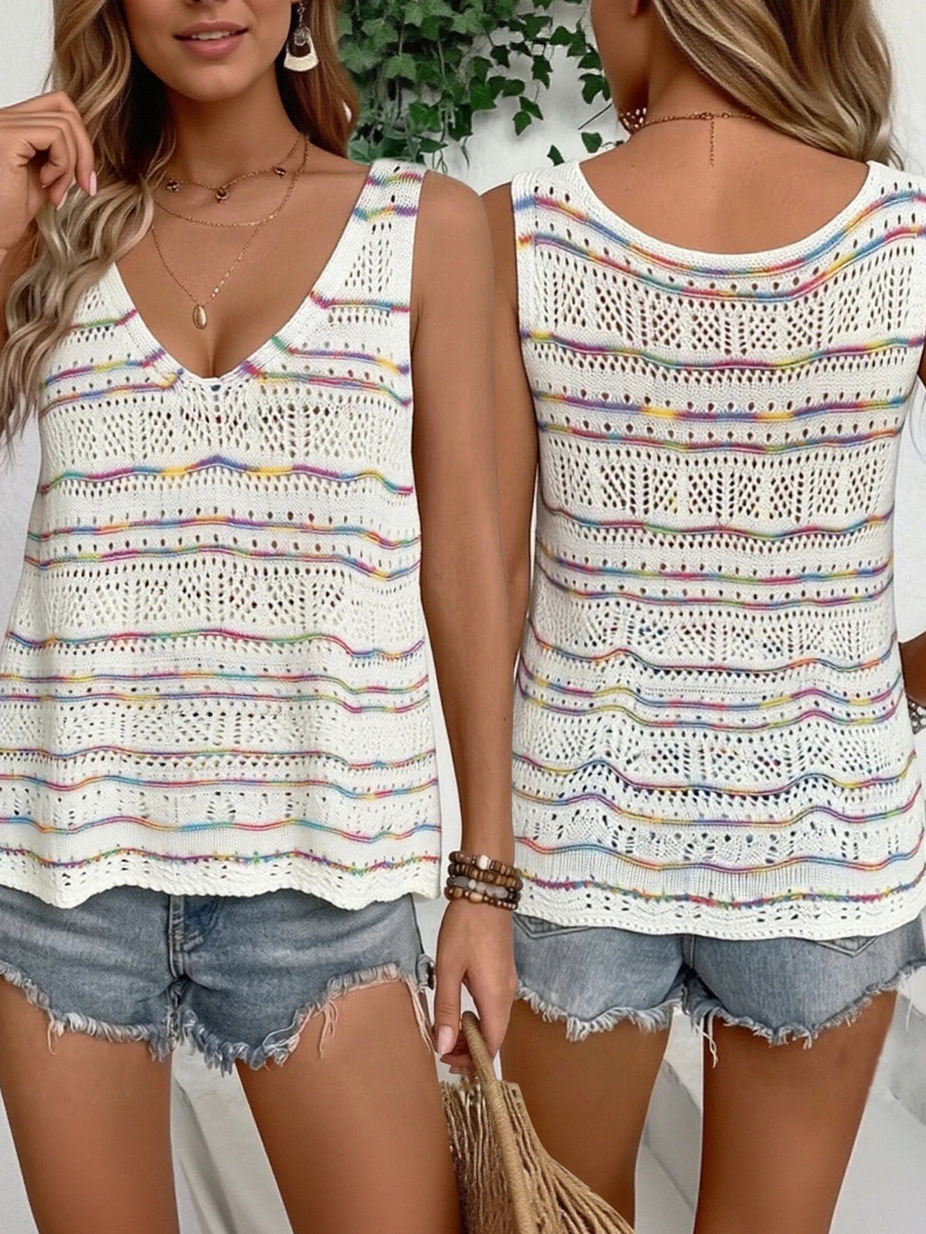 2026 New Style Women's Top Summer Knitted Sweater Elegant Colorful Hollow Stripes Sleeveless V-Neck Casual Pullover