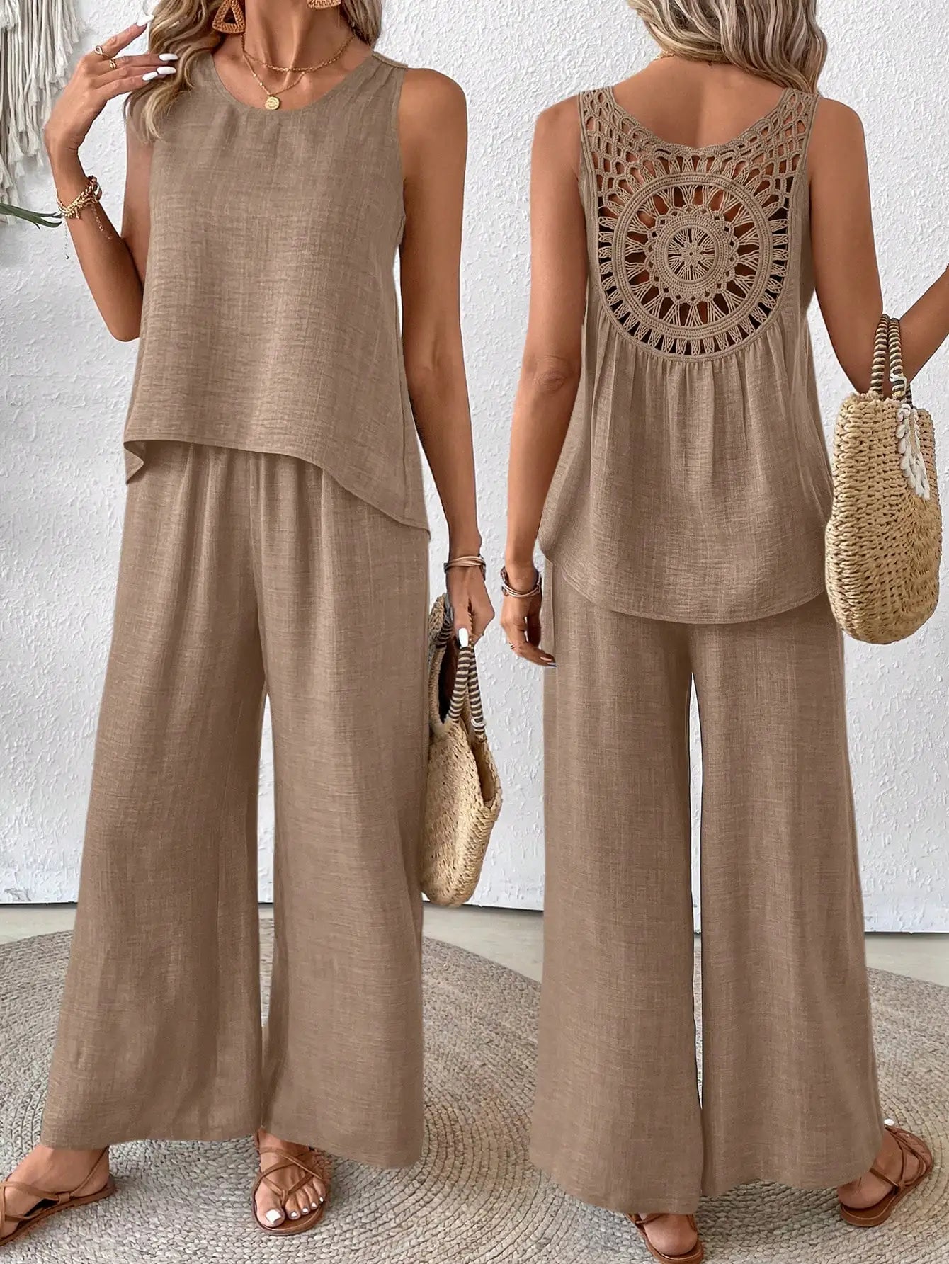 Sleeveless Top With Crochet Back And Wide Leg Pants Set Beige For Spring Summer