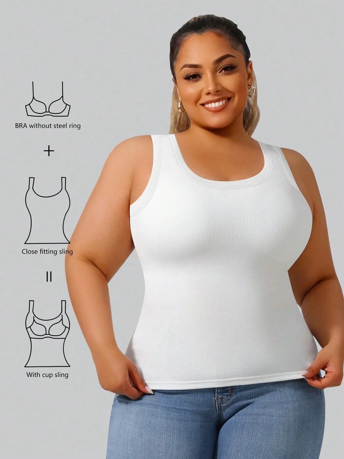 Plus Size Built-In Bra Cami Top White Slim Fit Tank Top For Women Summer