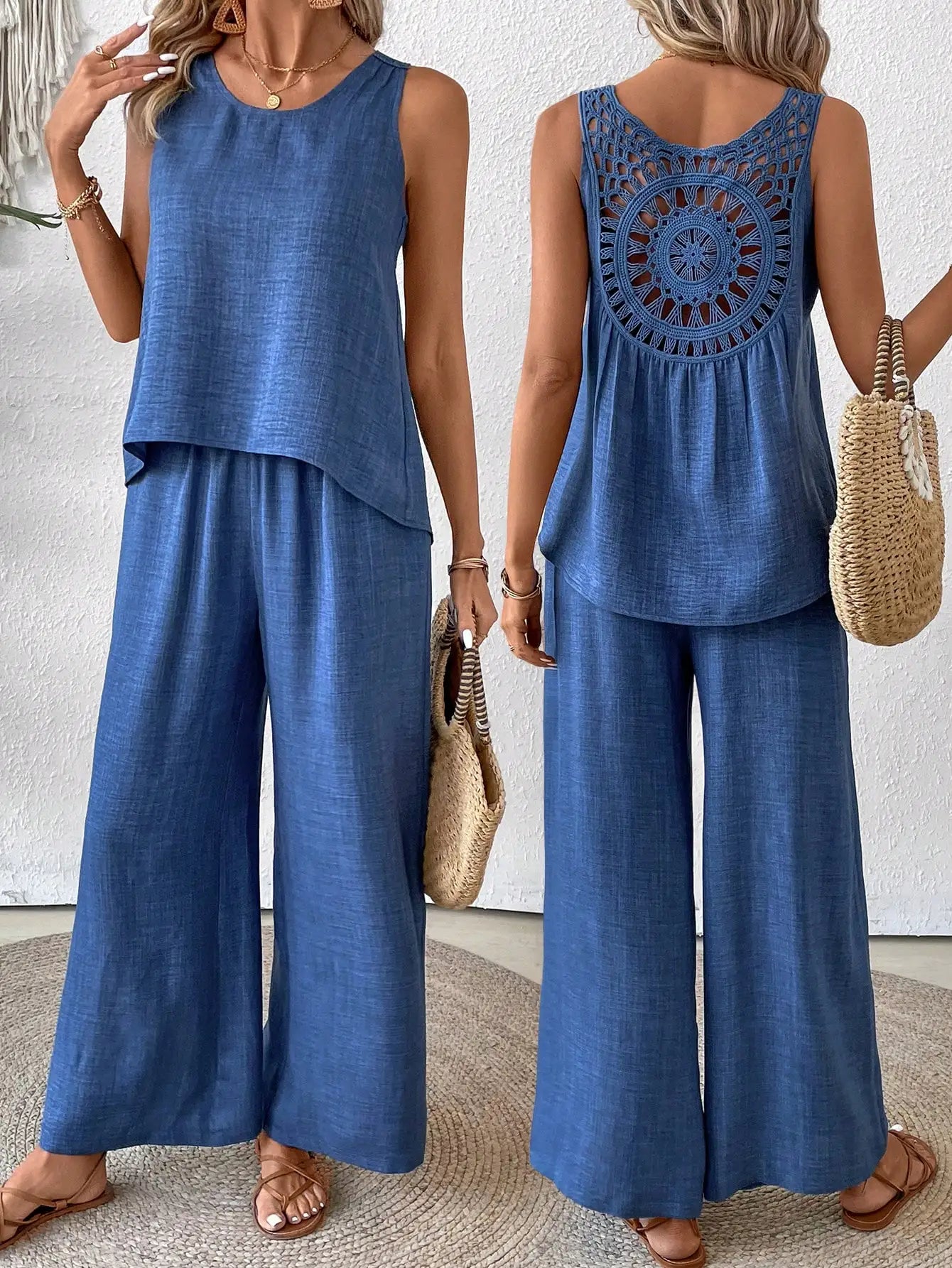 Sleeveless Top With Crochet Back And Wide Leg Pants Set Beige For Spring Summer