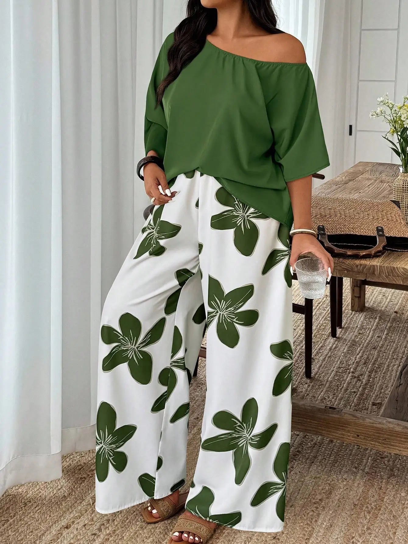 Plus Size Women 2-Piece Linen-Like Crinkle Top And Floral Print Wide Leg Pants Casual Spring Summer Outfit