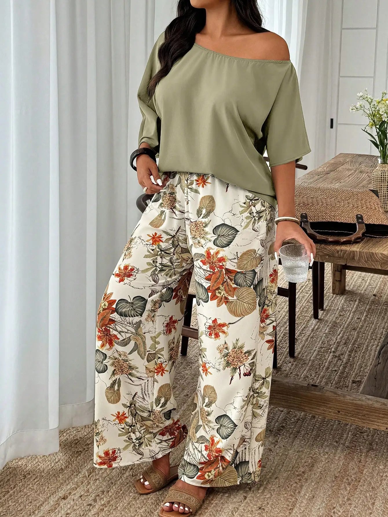 Plus Size Women 2-Piece Linen-Like Crinkle Top And Floral Print Wide Leg Pants Casual Spring Summer Outfit