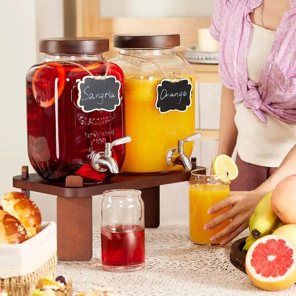 Double Glass Beverage Dispenser with Wooden Stand, Stainless Steel Spigot for Lemonade, Punch, Cocktails, and Iced Tea