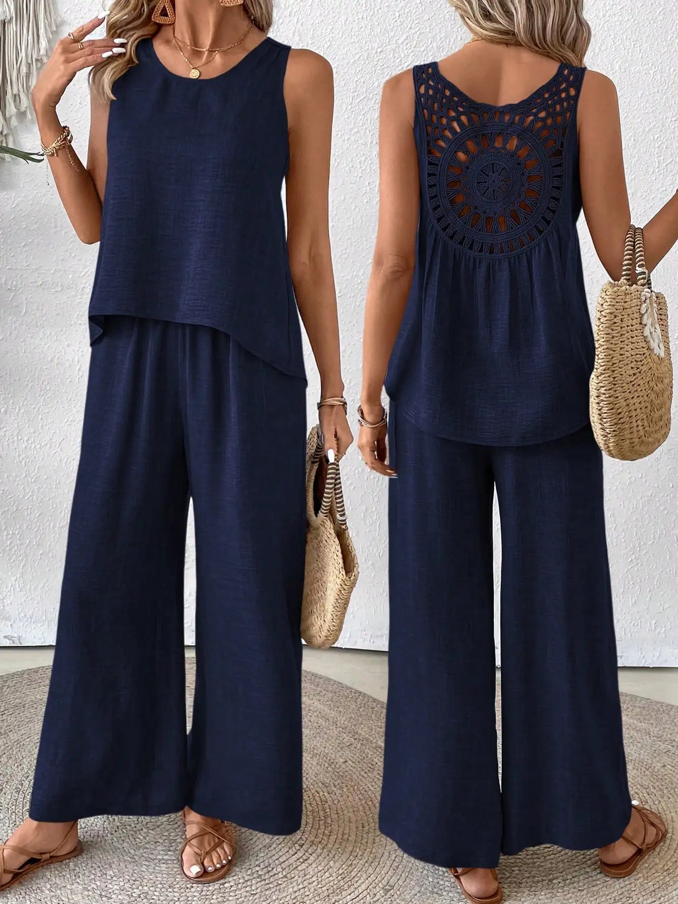 Sleeveless Top With Crochet Back And Wide Leg Pants Set Beige For Spring Summer