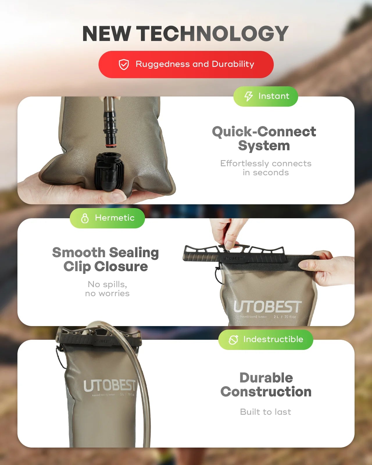 UTOBEST UTR220 Completely Odorless 2L/3L Water Bladder Double Layerad Hydration Reservoir Water Bag for Camping Cycling Hiking