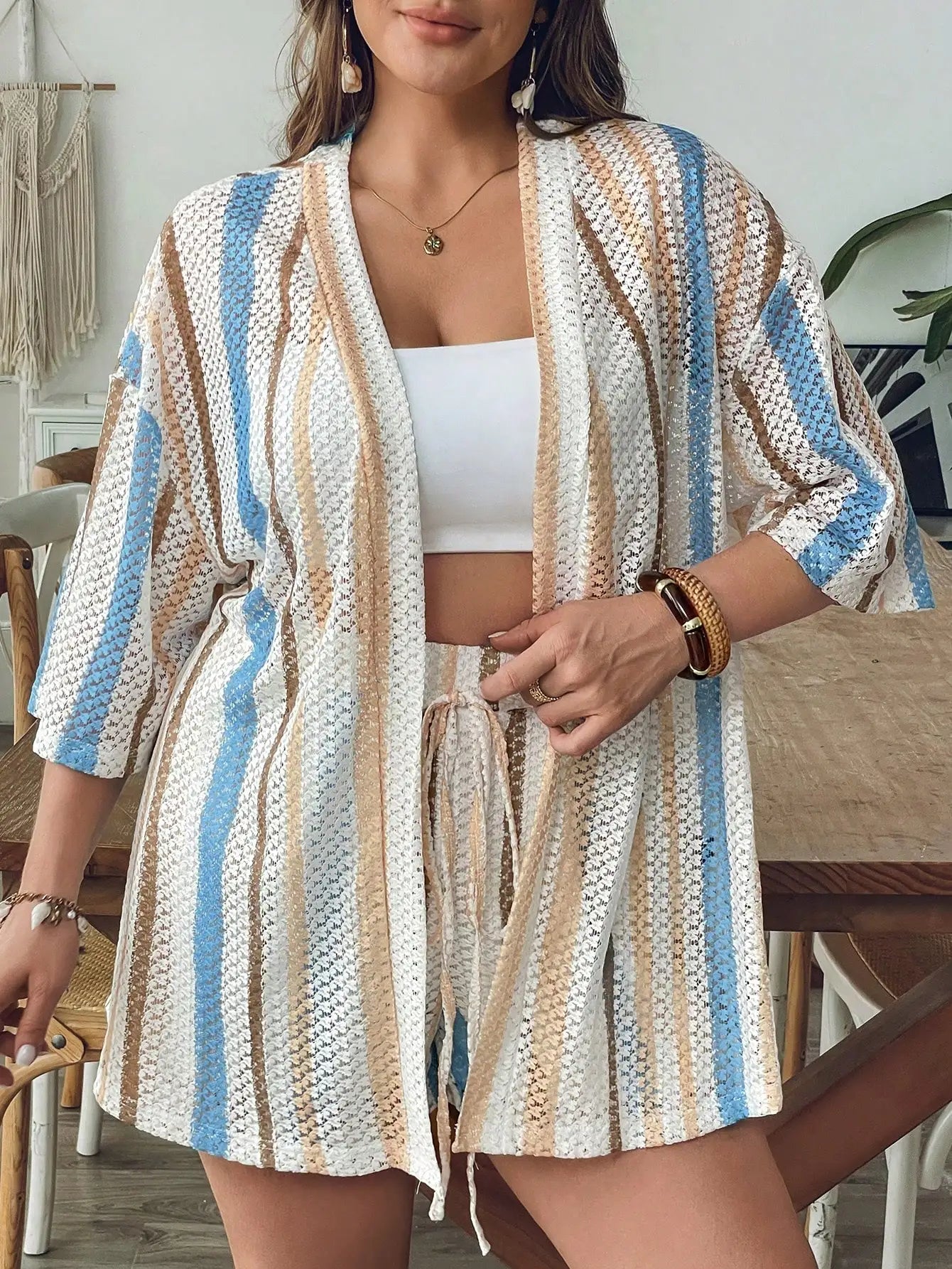 Women Blue White Striped Knit 2 Piece Set Summer Boho Chic Shorts And Kimono Cardigan Outfit