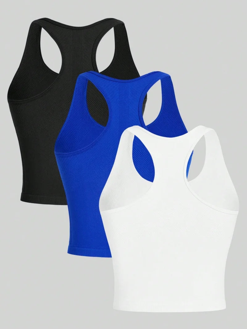 3 Piece Yoga Vest Women Gym Sports Racerback Crop Tops Seamless Streetwear Rib Knit Workout BreathableTank Top Female